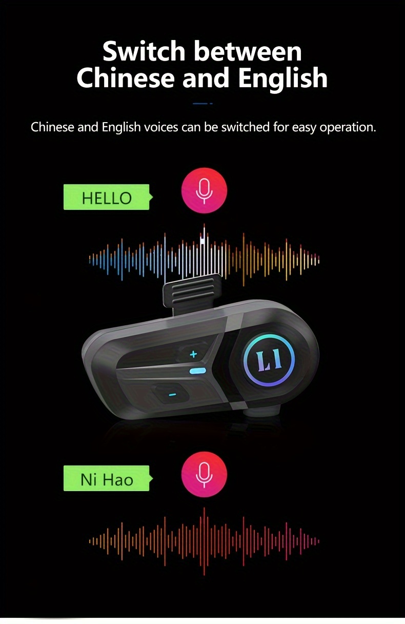 Kihous L1 Wireless Motorcycle Helmet Headset with Light, 10 Hours Playtime, Type-C Charging, Non-Waterproof, Plastic, Media Control, 450mAh Lithium Polymer Battery, 2.5-14W, Micro USB Earphone Jack, Smart Voice Assistant, Music Player