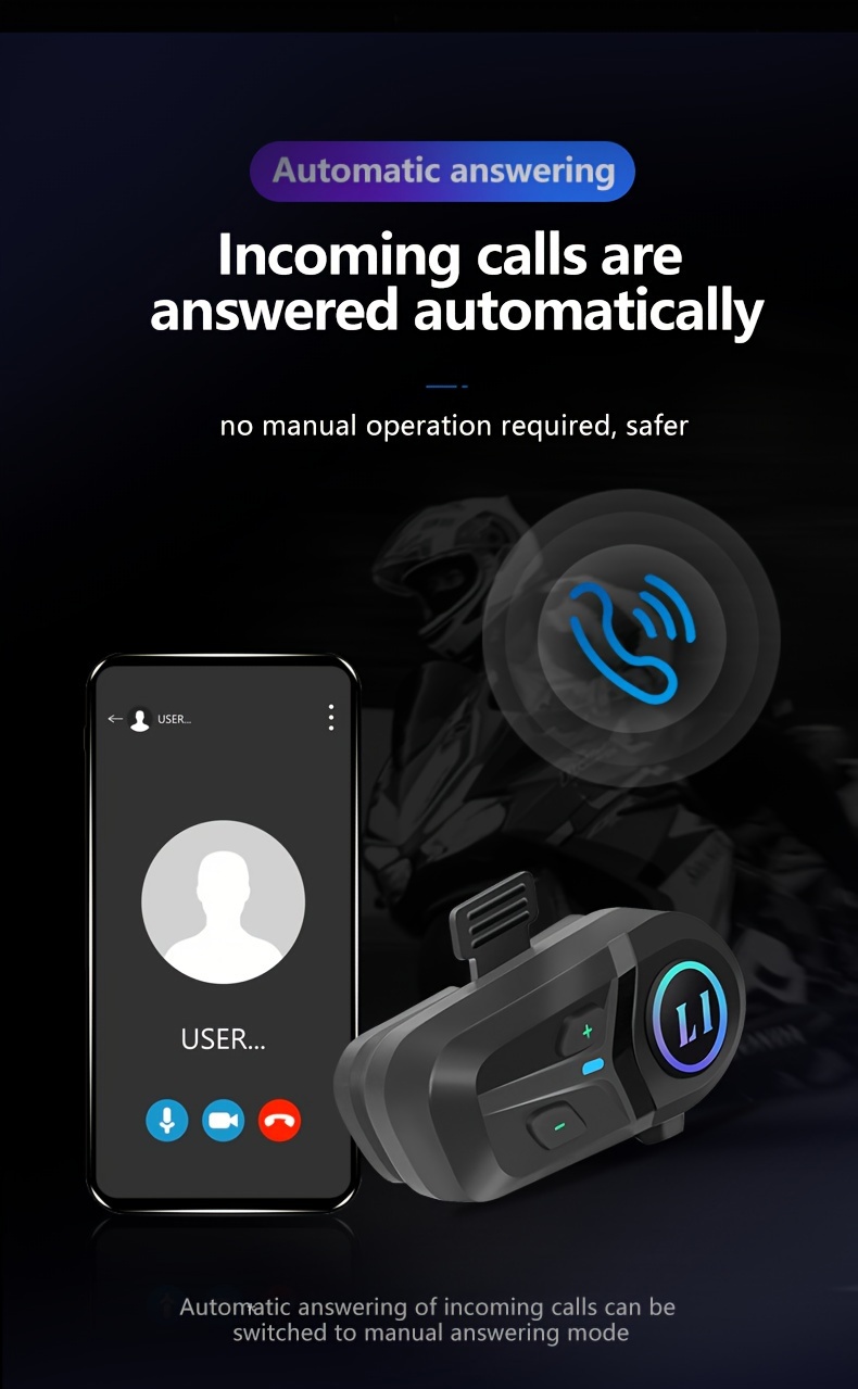 Kihous L1 Wireless Motorcycle Helmet Headset with Light, 10 Hours Playtime, Type-C Charging, Non-Waterproof, Plastic, Media Control, 450mAh Lithium Polymer Battery, 2.5-14W, Micro USB Earphone Jack, Smart Voice Assistant, Music Player