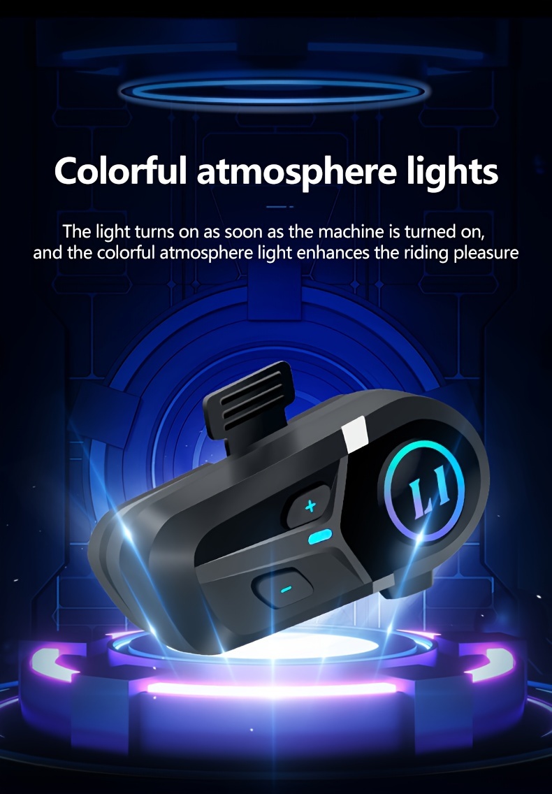 Kihous L1 Wireless Motorcycle Helmet Headset with Light, 10 Hours Playtime, Type-C Charging, Non-Waterproof, Plastic, Media Control, 450mAh Lithium Polymer Battery, 2.5-14W, Micro USB Earphone Jack, Smart Voice Assistant, Music Player