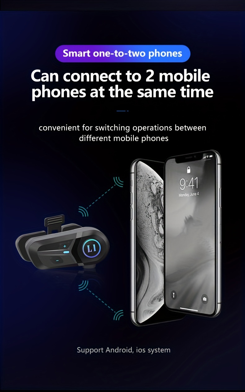 Kihous L1 Wireless Motorcycle Helmet Headset with Light, 10 Hours Playtime, Type-C Charging, Non-Waterproof, Plastic, Media Control, 450mAh Lithium Polymer Battery, 2.5-14W, Micro USB Earphone Jack, Smart Voice Assistant, Music Player