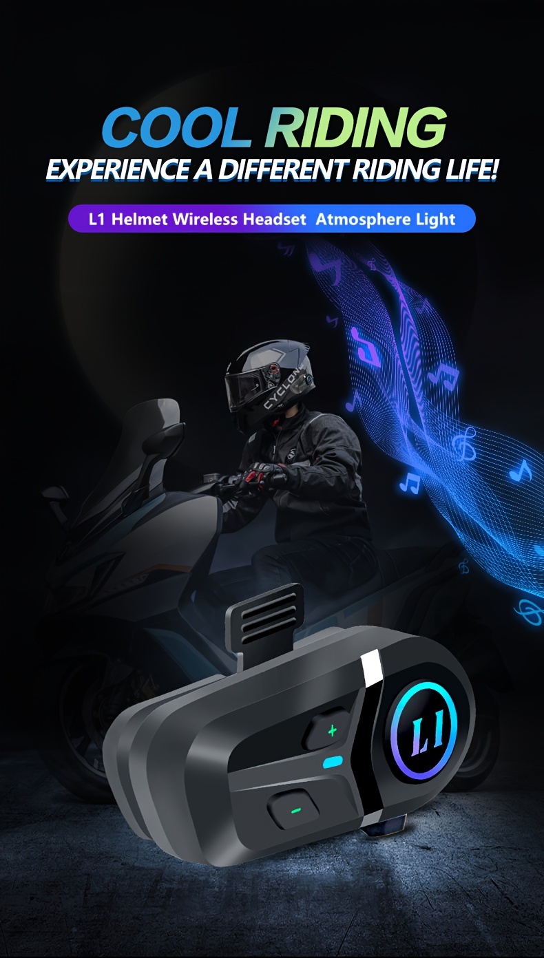 Kihous L1 Wireless Motorcycle Helmet Headset with Light, 10 Hours Playtime, Type-C Charging, Non-Waterproof, Plastic, Media Control, 450mAh Lithium Polymer Battery, 2.5-14W, Micro USB Earphone Jack, Smart Voice Assistant, Music Player