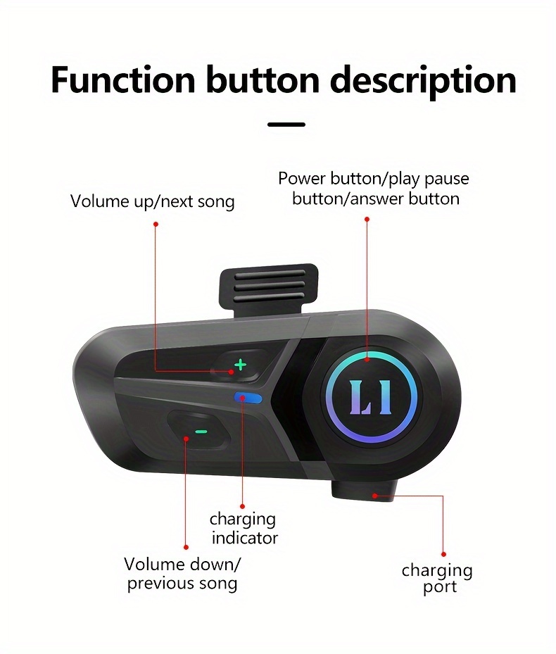 Kihous L1 Wireless Motorcycle Helmet Headset with Light, 10 Hours Playtime, Type-C Charging, Non-Waterproof, Plastic, Media Control, 450mAh Lithium Polymer Battery, 2.5-14W, Micro USB Earphone Jack, Smart Voice Assistant, Music Player